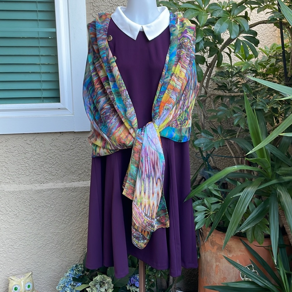 Vintage Escada Multicolored Artistic Hand Painted Silk Scarf/Wrap - Picture 6 of 13